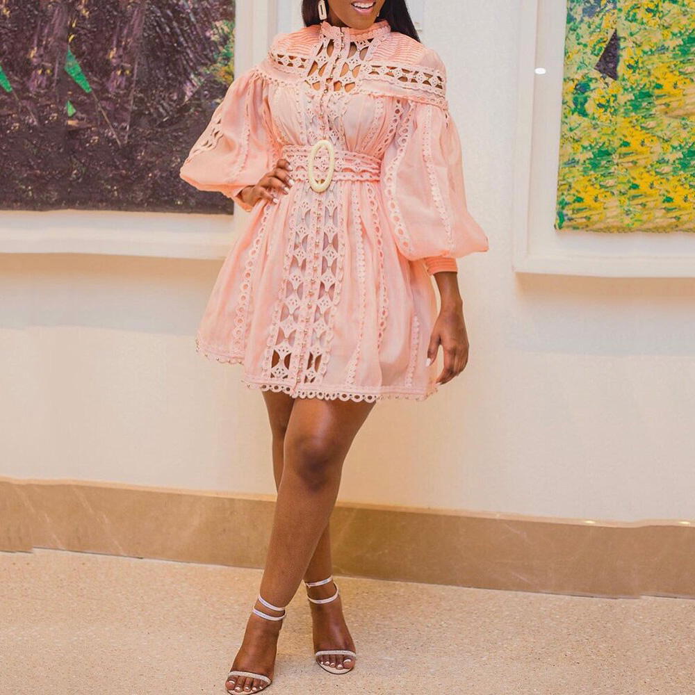 

Plus Size Dresses African Women Fashion Africa Yellow Lantern Sleeve A Line Mini Elegant Evening Night Club Wear Dress No Belt, Pink