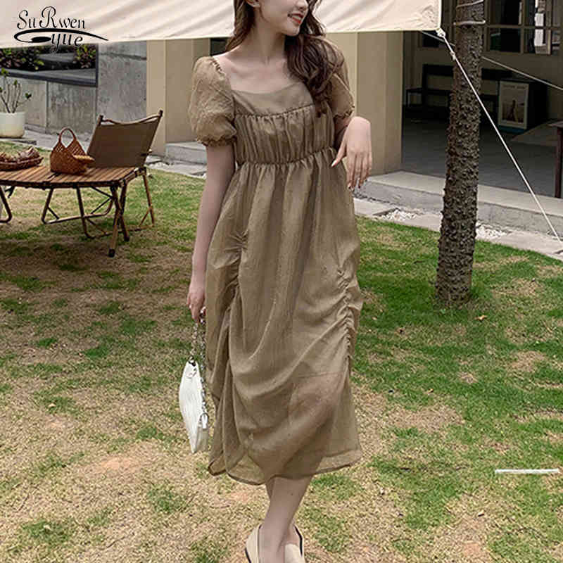 

French Style Square Collar Women Dress Sweet Good Quality Summer Short Puff Sleeve Midi Long Vestidos 14104 210521, Picture