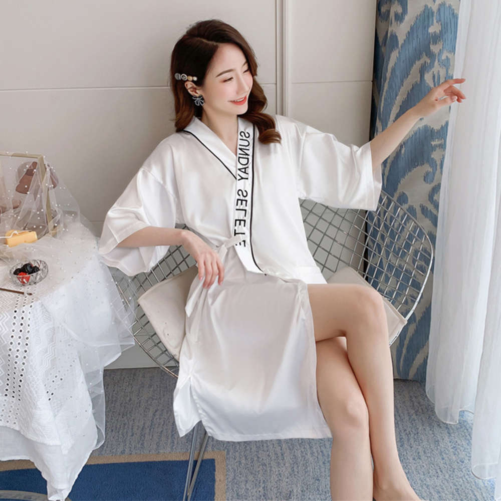 

Kimono 3 / 4 sleeve Nightgown women's summer ice thin embroidery sexy pajamas lace up bathrobe V-neck
