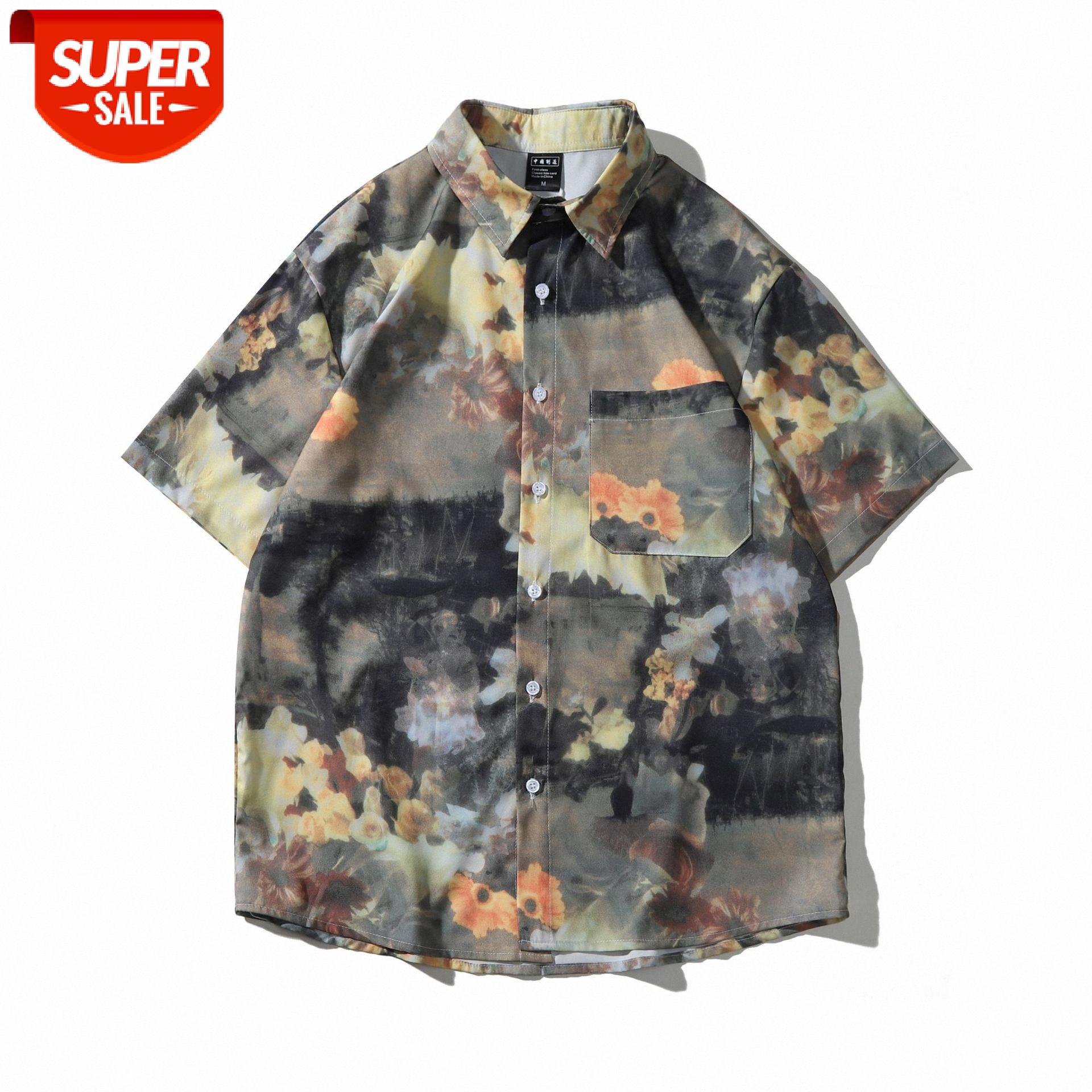 

Japanese Harajuku oil painting tie-dye flower shirt male handsome short-sleeved couple loose half-sleeved #gX6V, White;black