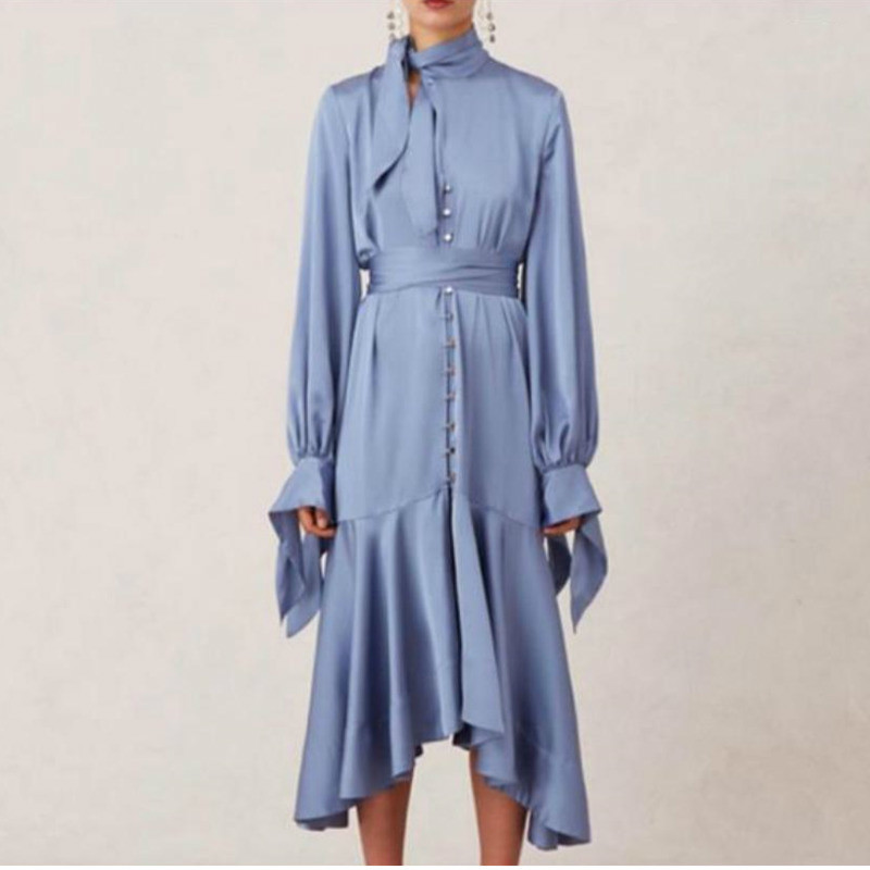 

Spring Asymmetrical Lace Up Dresses Female Stand Collar Flare Sleeve High Waist Hollow Out Midi Dress MI908 210525, Blue