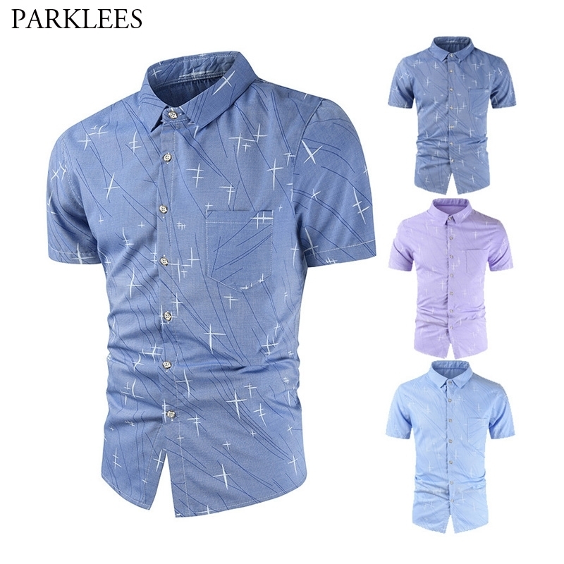 

Stars Pattern Men Dress Shirt Casual Slim Fit Shirt for Men Button Business Work Mens shirts Short Sleeve with Pocket Hombre 4XL 210524, Light blue