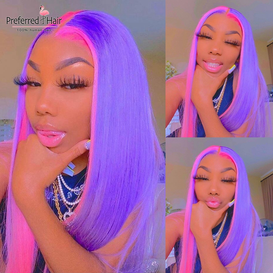 

Glueless Straight Lace Front Wig Pink Purple Highlight Preplucked Half Red Blonde Remy Brazilian Human Hair Wigs For Women