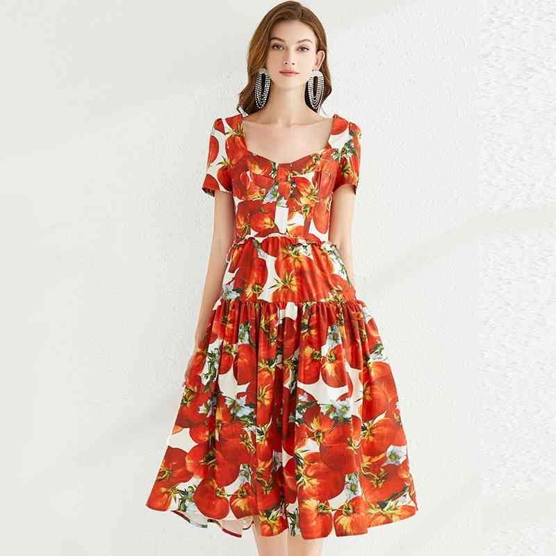 

Banulin Summer Bohemian Tomato Red Flower Midi Dress Women's Square Collar Short Sleeve Slim Backless Runway N7384 210603
