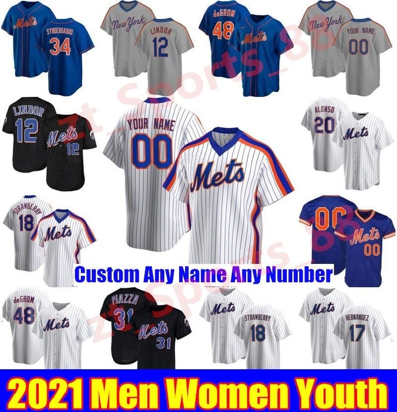 

2021 York Francisco Lindor Mets baseball Jerseys 48 Jacob deGrom jersey 20 Pete Alonso Darryl Strawberry Mike Piazza Hernandez Rosario Stroman custom top, As shown in illustration