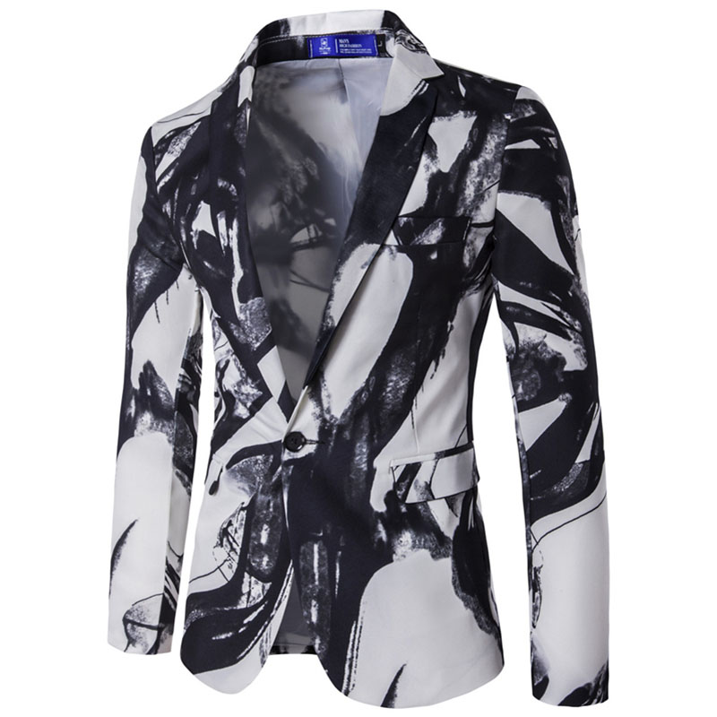 

Male Suit Blazer Single Button Printed Mens Blazer Jacket Chinese Style Ink Painting Vintage Suits Luxury Formal Dress DFF3425, Black