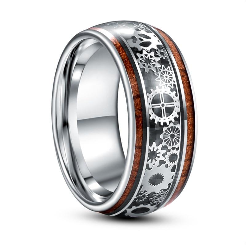 

10mm Inlaid Wood Grain Gear Pattern Tungsten Carbide Ring Men's Fashion Silver Color Mens Jewellery Wedding Rings