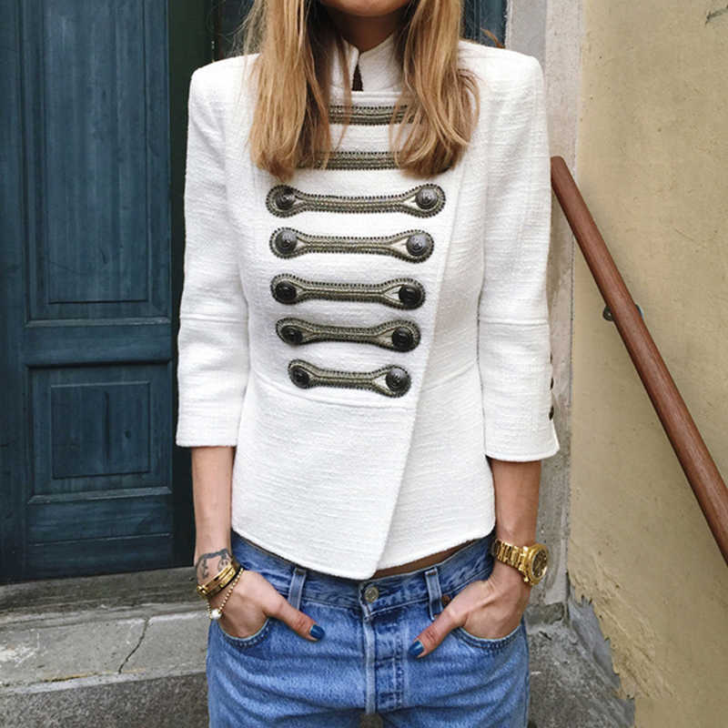 

Sale HIGH QUALITY Fashion Designer Jacket Women's 3/4 Sleeve Double Breasted Beading Casual Outerwear 210526, White