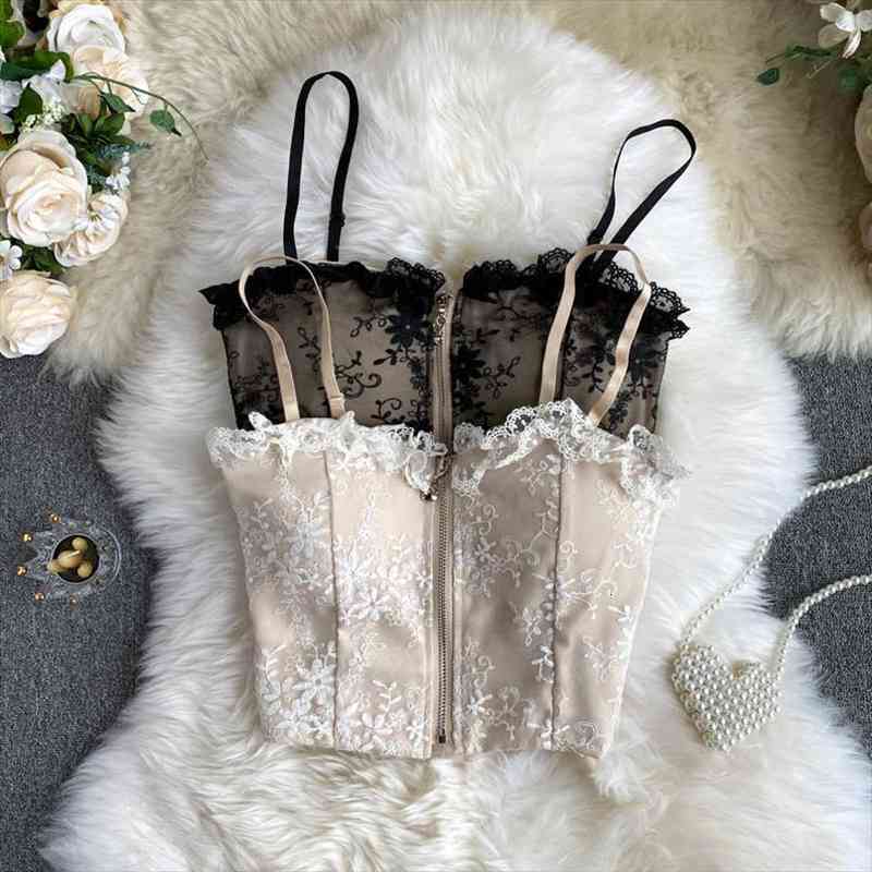 

Fashion Retro Wooden Ear Lace Women Tank Embroidered Vest Zipper Sexy Wrapped Chest Underwear Bustier Crop Tops, White
