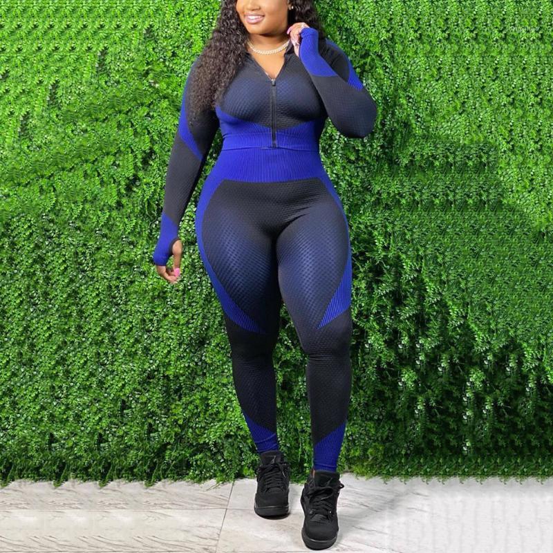 

Plus Size Activewear Sets Long Sleeve Outwears & Pencil Pants Blue Patchwork Bodycon Autumn Causal Gym Two Pieces Outfits Women's Tracksuits, Black