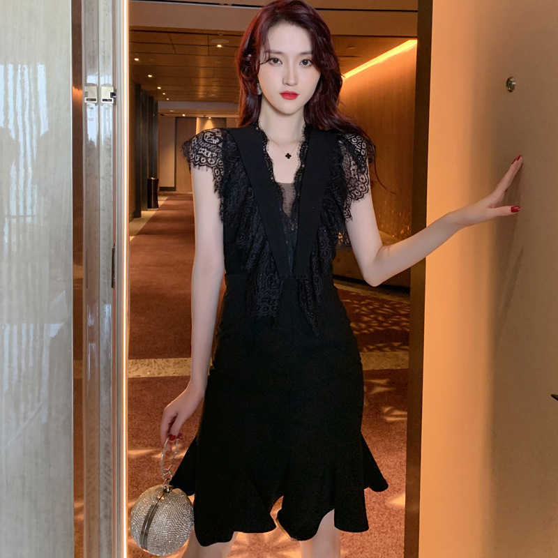 

Women' summer ladies temperament lace stitching slim fishtail dress Office Lady Polyester 210603, Black