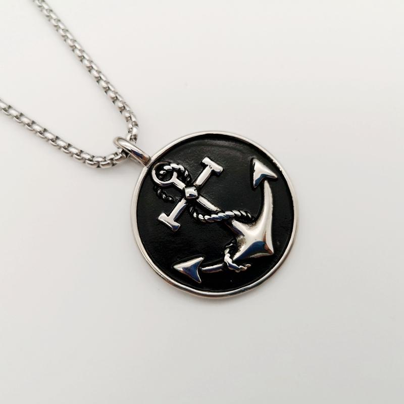 Pendant Necklaces 2021 Round Medal Anchor Necklace Vintage Silver Color Stainless Steel Navy For Men Jewelry-image-702930729