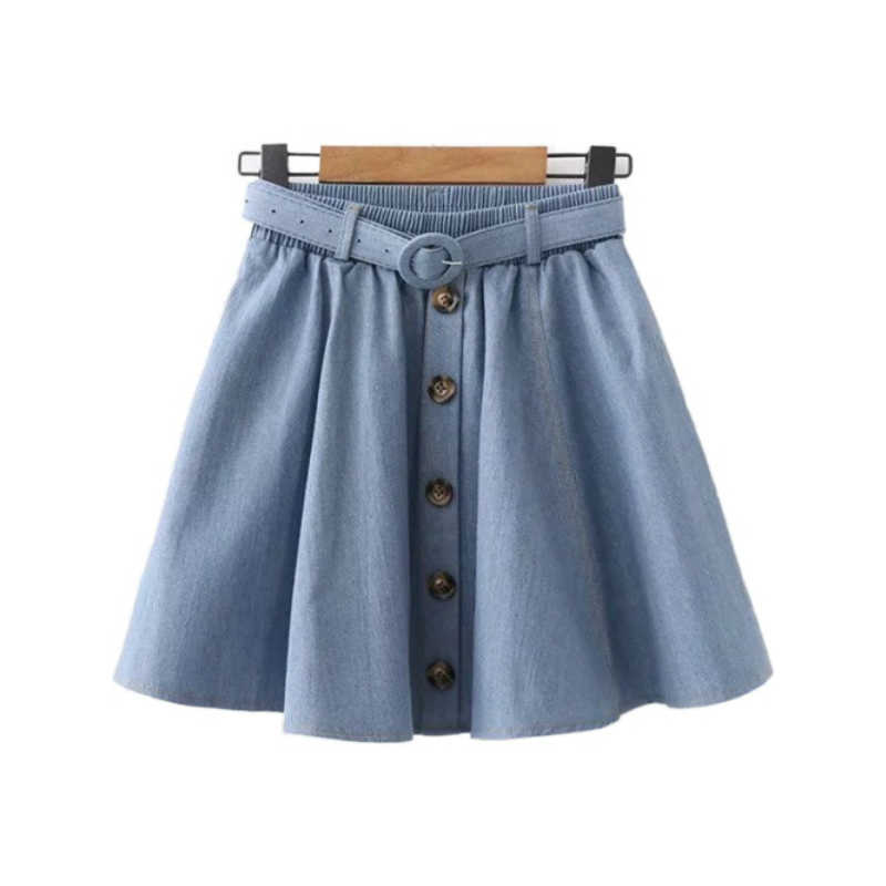

Merry Pretty Summer Elastic Waist Pleated Skirts Denim Women Solid Front Button Preppy Style Mini Girls 210526, Blue