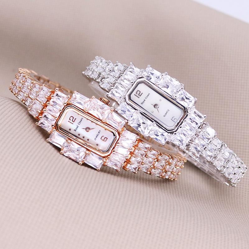 

Wristwatches ROYAL CROWN PRONG SETTING CUBIC ZIRCON WOMEN'S WATCH JAPAN MOV'T HOURS ELEGANT FASHION RHINESTONES BRACELET GIRL'S GIFT BOX, Silver