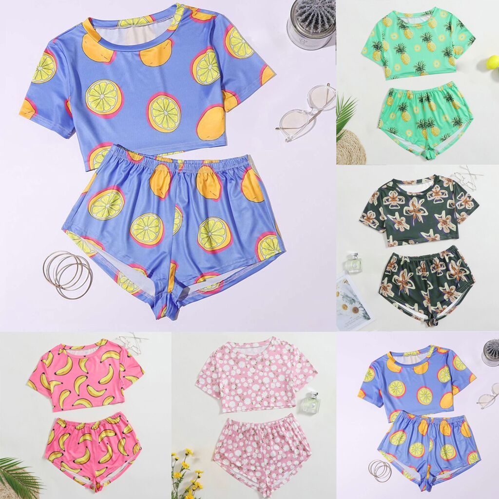 

Fruit Print woman Casual Two Piece Set Crop Top and shorts Pants Summer Short Tracksuit Women Sexy