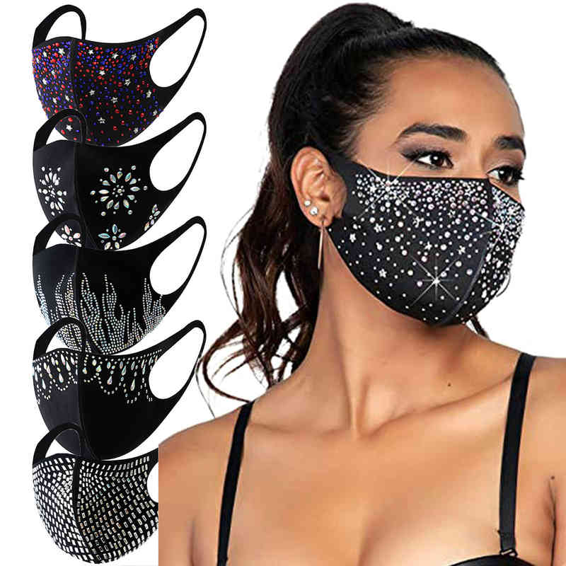 

2021 Fashion Women Mask with Rhinestone Elastic Reusable Washable Christmas Masks Face Bandana Decor Jewelry Party Gift