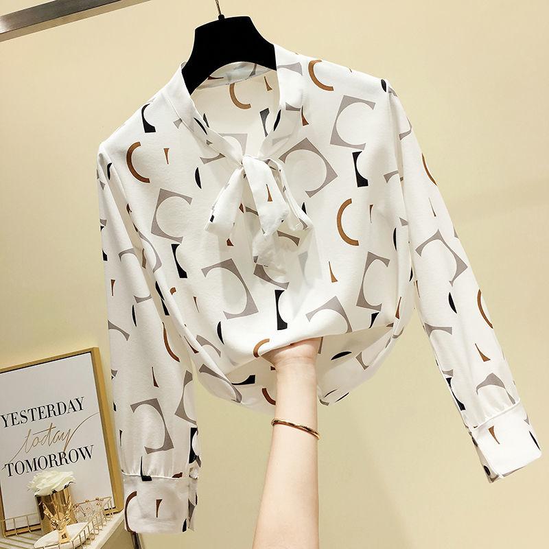 

Women's Blouses & Shirts Chiffon Women Blouse Summer 2021 Bow Neck Printed Long-Sleeved Elegant Office Lady Pulls Outwear Tops Oversized 6XL, White