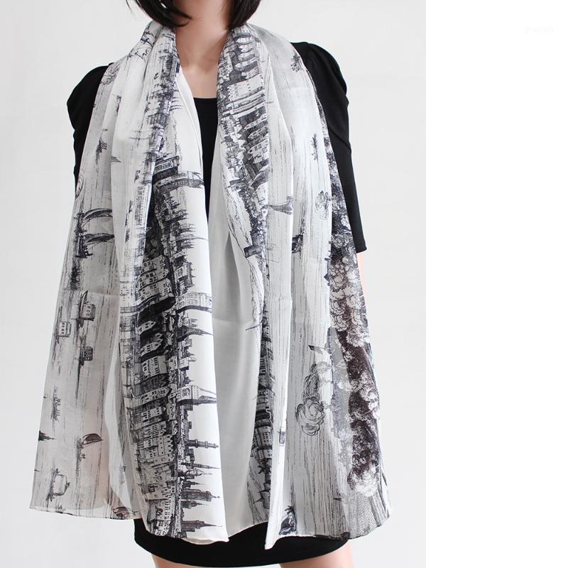 

Long 100% Real Silk Scarf Paris River Seine Print Black White Wraps Shawl Necktie High Quality 180*65cm Scarves, Blue;gray