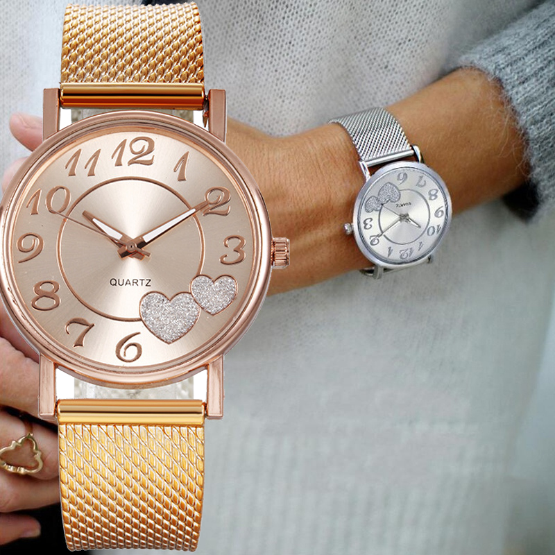 

Top Fashion Women Watches Ladies Watch Silver Heart Dial Silicone Mesh Belt Wrist Watch Reloj Mujer Montre Femme Womens Watch, Black