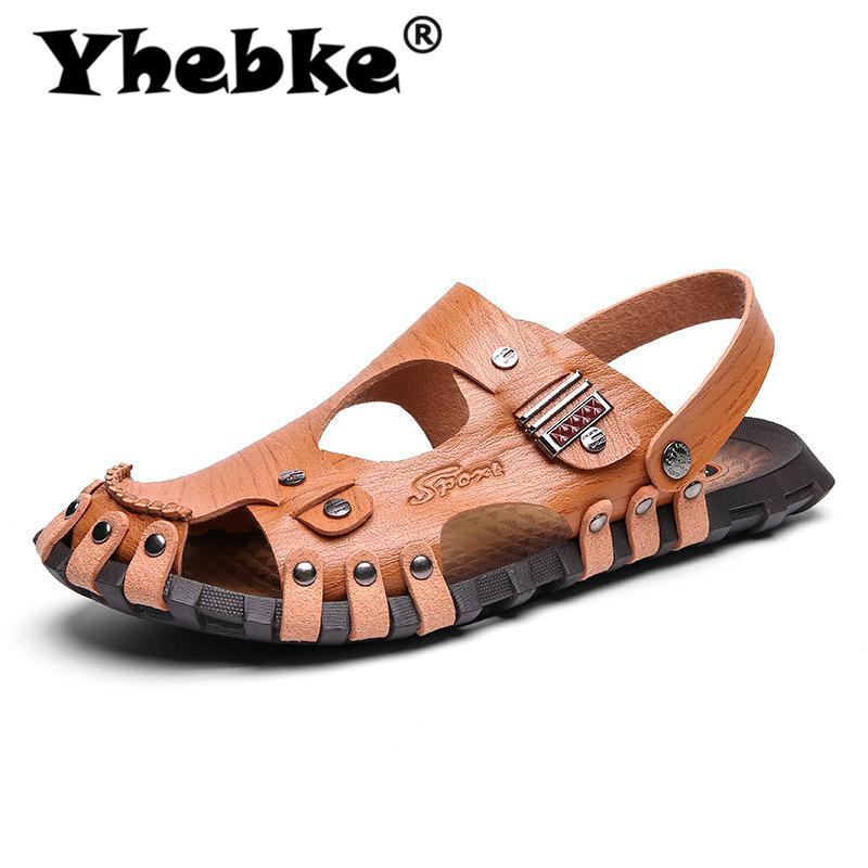 

Sandals Yhebke Beach Men Leather Breathable Flats Genuine Flip Flops Slip-on Casual Shoes, Black