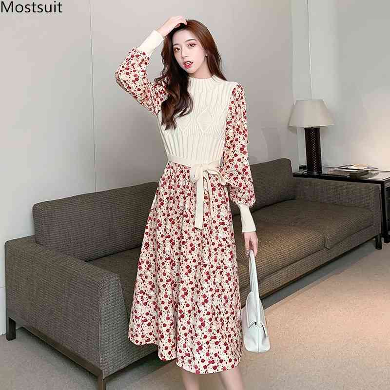 

Spring Autumn Dress Women Long Sleeve Knitted Patckwork Lace Up Vintage Elegant Plus Size Dresses Korean Vestidos De Mujer 210518, Beige