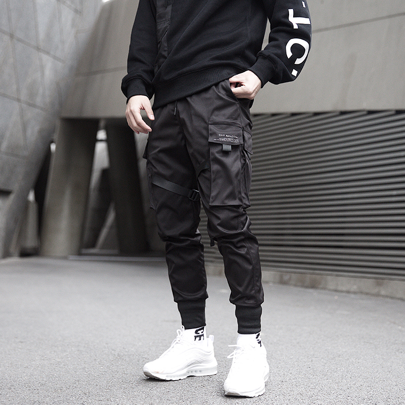

2021 Trendy Casual Men Ribbons Block Black Pocket Cargo Pants Harem Joggers Harajuku Sweatpant Hip Hop Tatical Trousers