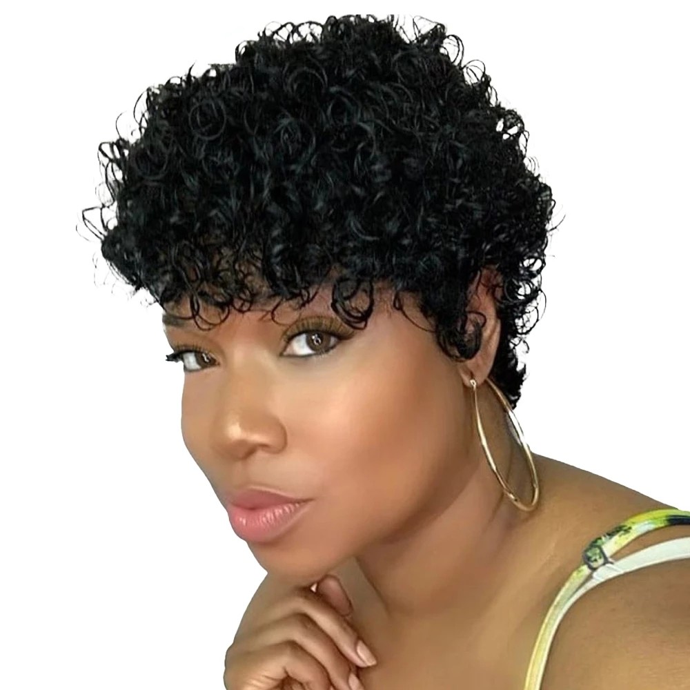 

Short Curly Wigs For Black Women Pixie Cut Bob Brazilian Human Hair Non Lace Front Wig Machine Made Daily Party, Wig cap