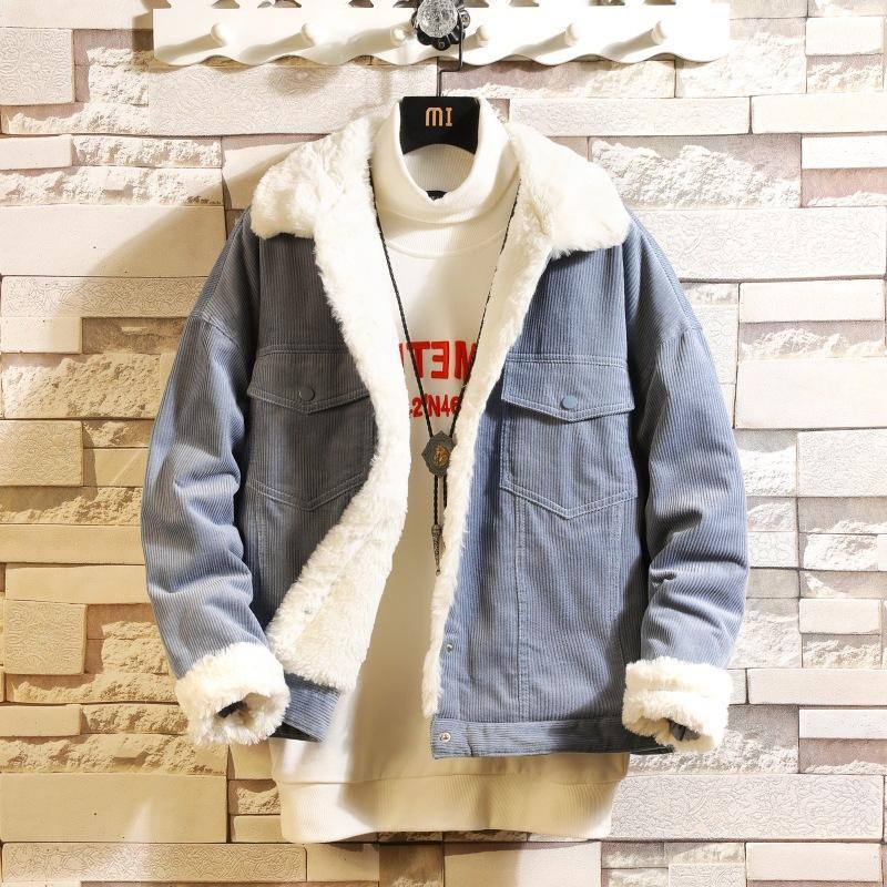 

Men' Jackets Warm Fleece Corduroy Jacket Men Winter Thick Loose Coats Streetwear Male Short Artificial Fur Velvet Brand Chaqueta Hombre, Blue