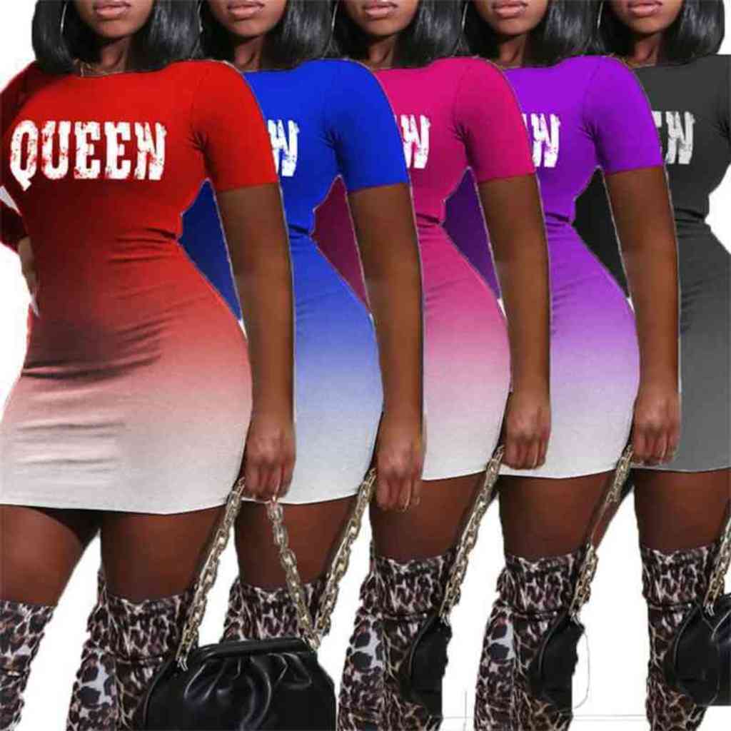 

Gradient Color Sexy Womens Dresses Queen Letters Printing Summer Short Sleeve Dress For Girls Long Sleeve Miniskirt Party Club Wear G4TE6HJ, White