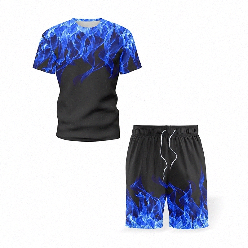 Men's Set Shirt Graphic Flame Collar Round Neck Causal Daily Print Short Sleeve Tops Personalized Streetwear 3D Beach Green Blue Purple / Sp