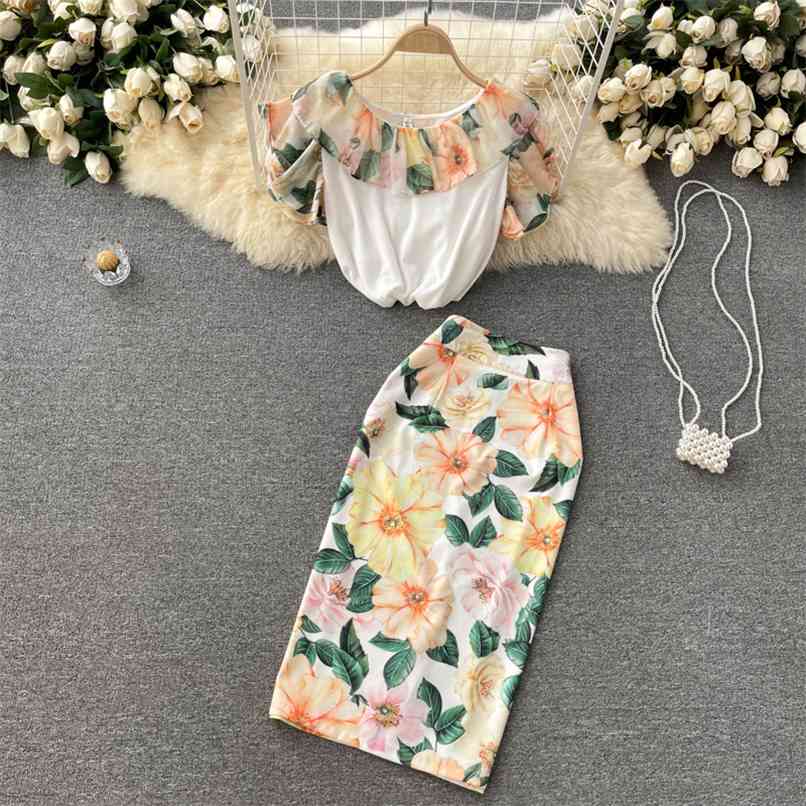 

Yellow Flower Print Ruffles White Top + Slim Bodycon Pencil Skirts 2 piece set Female Elegant Temperament Tshirt Suits 210602