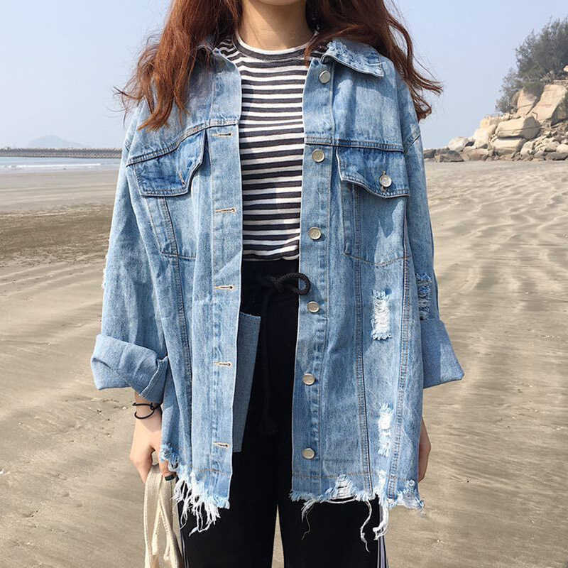 

Spring Irregular Hole Design Women Coats Casual Loose Soft All-match Jean Jacket Fashion Office Lady Denim Jackets 210525, Blue