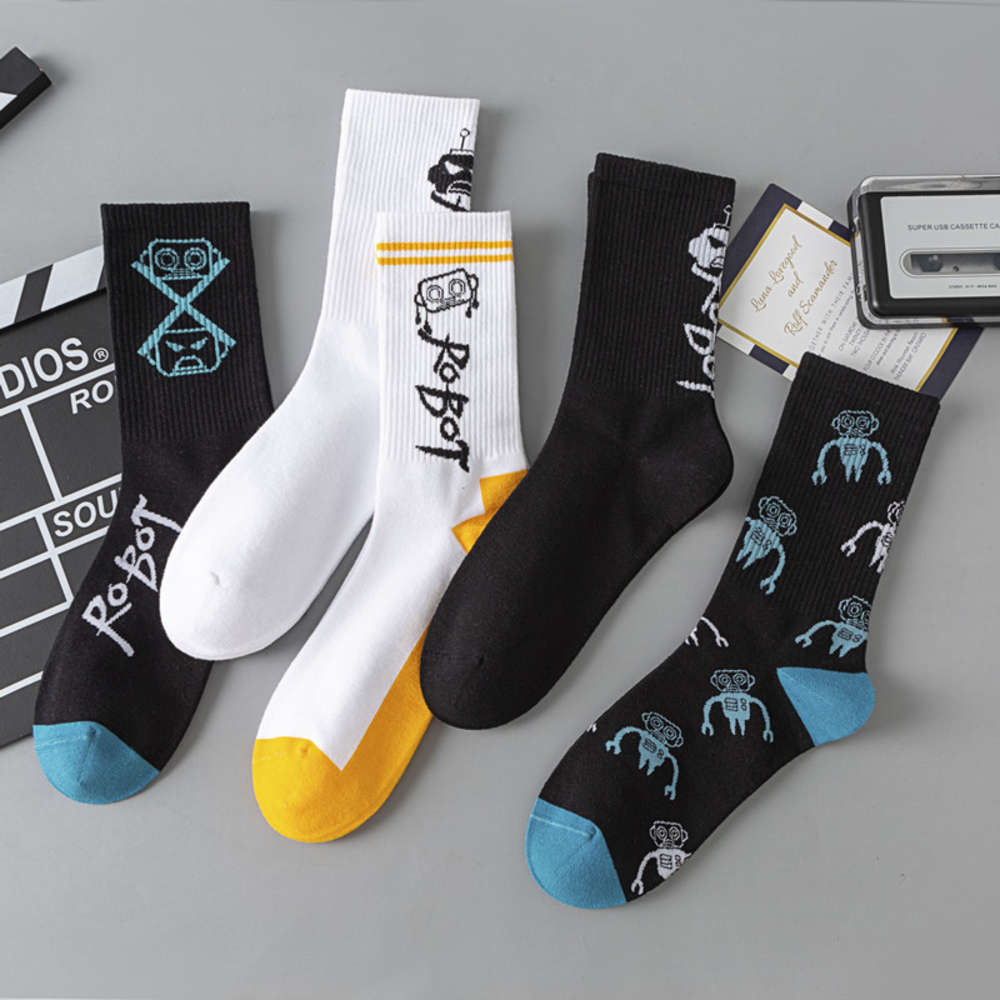

Boneless stitched socks men's stockings hip hop ins trendy robot personality autumn and winter cotton, Black