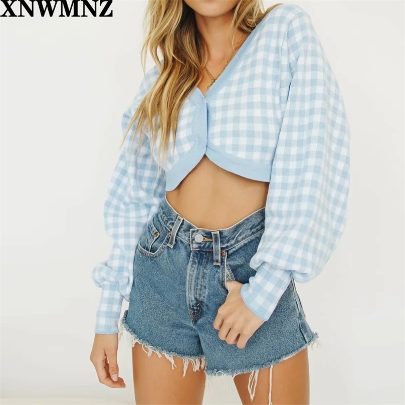 

French Knitting Check Plaid Crop Cardigan Sweater Retro Woman V neck Long Lantern Sleeve Gingham Jumper Short Knitwear 210520, Blue