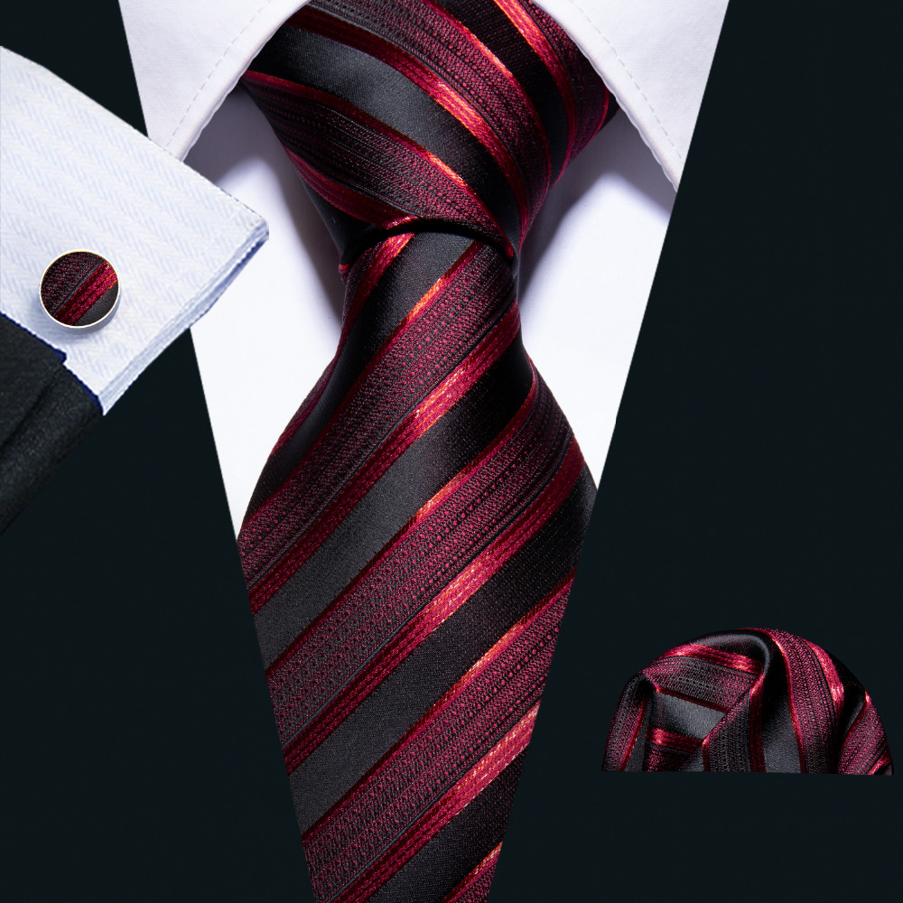 

New Male Luxury Neck Tie For Men Business Red Striped 100% Silk Tie Set Barry.Wang Fashion Design Neckwear Dropshipping LS-5022