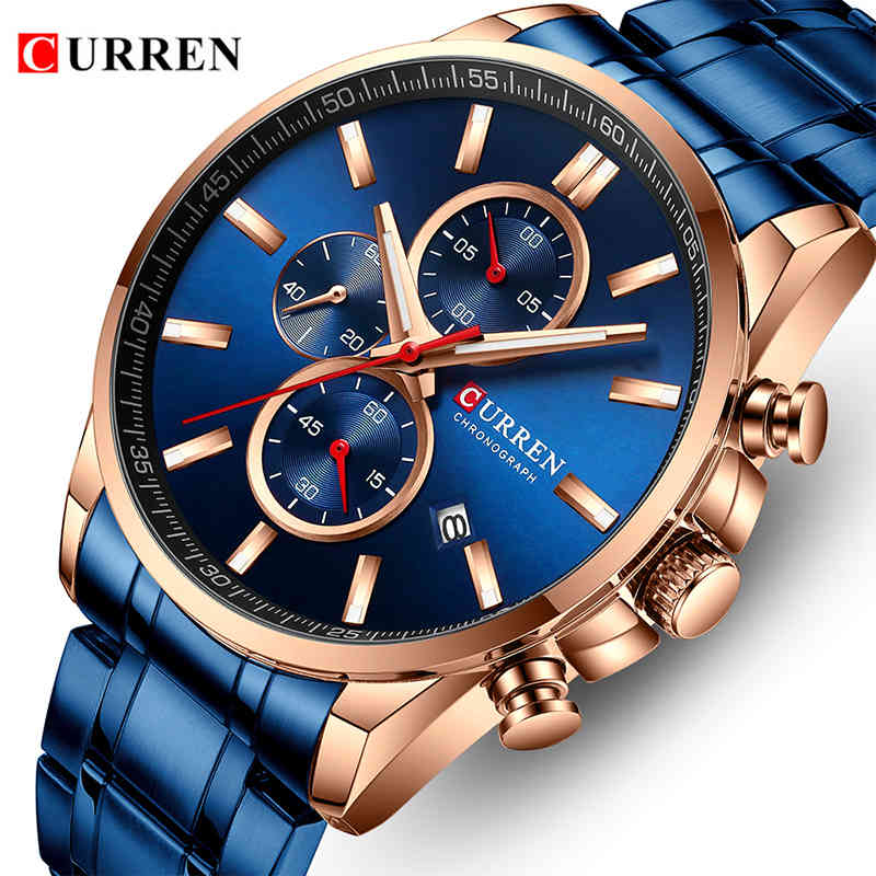 

CURREN Watches for Men Top Luxury Brand Blue Quartz Mens Watch Stainless Steel Big Sport Wristwatch Chronograph Date Male Clock 210517, Silver blue