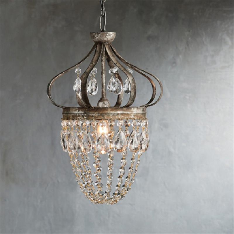 

Chandeliers French Medieval Retro Crystal Chandelier Small Vintage Iron Forging Crown Lamp Bedroom Living Room Dining