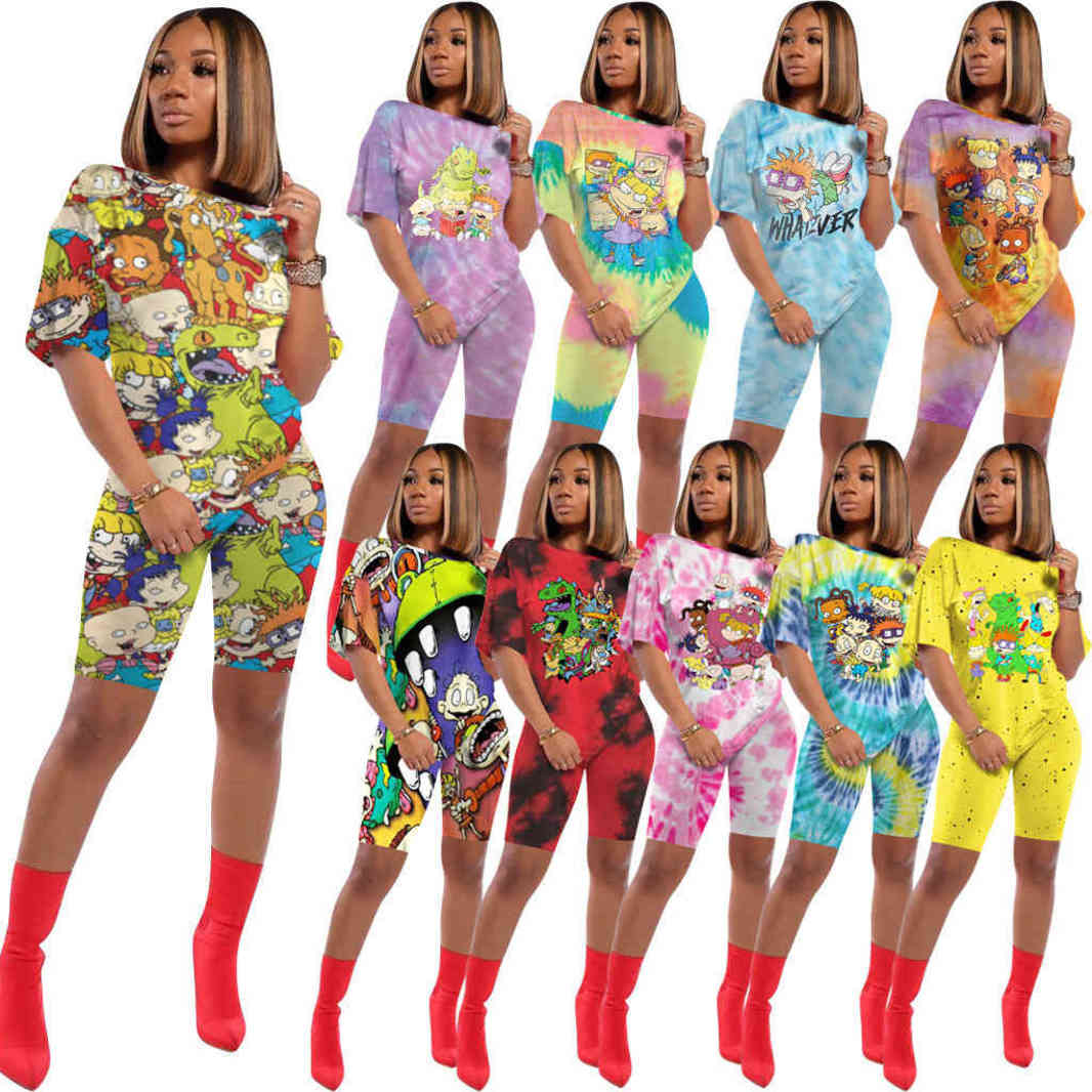 

Designer Women pants 2 Piece Set Cartoon Printed Tracksuit T-shirt Shorts Sports Suit Tie Dye T Shirt Summer Casual Clothing, Mix or remarks