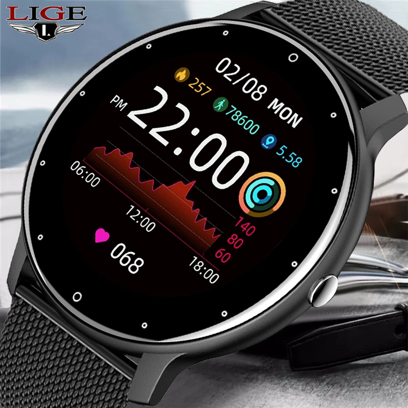 

LIGE 2021 New Smart Watch Men Full Touch Screen Sport Fitness Watch Waterproof Bluetooth Call For Android ios smartwatch Men+boxg, Black