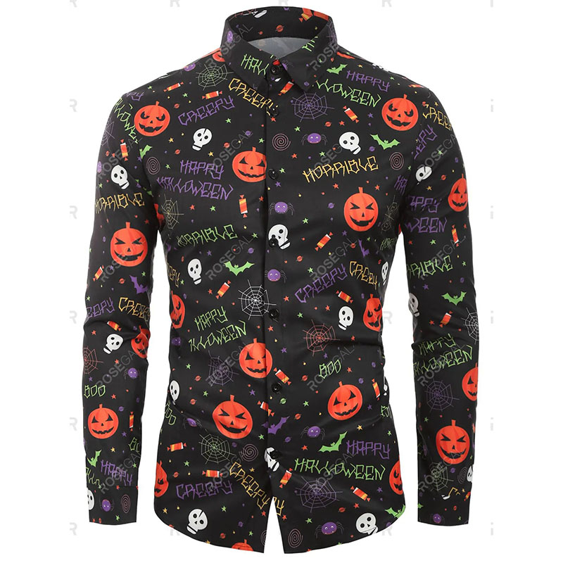 

Halloween men's cartoon letter print long-sleeved shirt, White;black