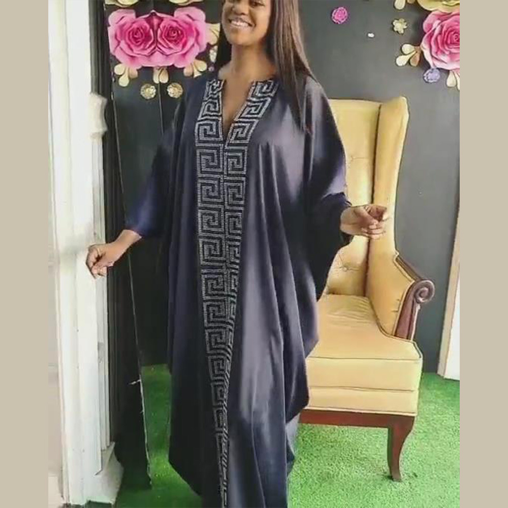 

2021fashion african woman large size bat sleeve dress muslim islamic style robe imitation silk fix rhinestone, Black;gray