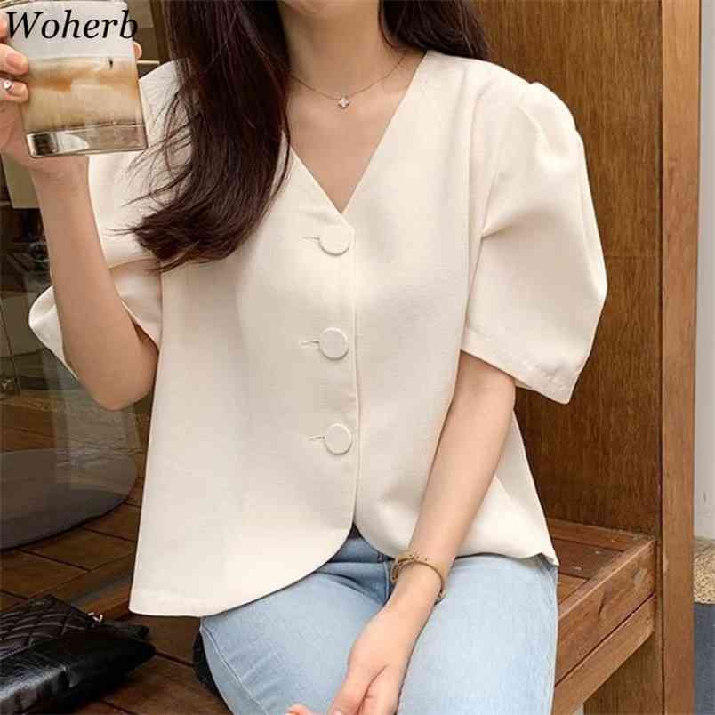 

Korean Solid Women Shirt Tops Summer Short Sleeve Tv-neck Blouses Office Ladies Stylish Blusas Femme 210519, Beige