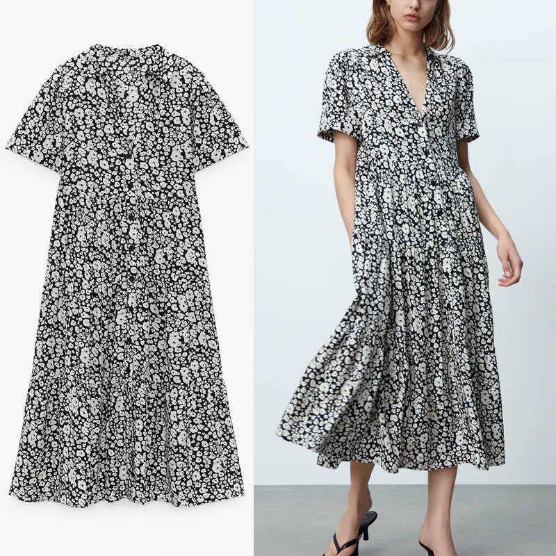 

ZA Vintage Animal Print Midi Dress Women Short Sleeve Pleated Summer Dresses Fashion Front Button Woman Elegant Split Dress 210602, Black