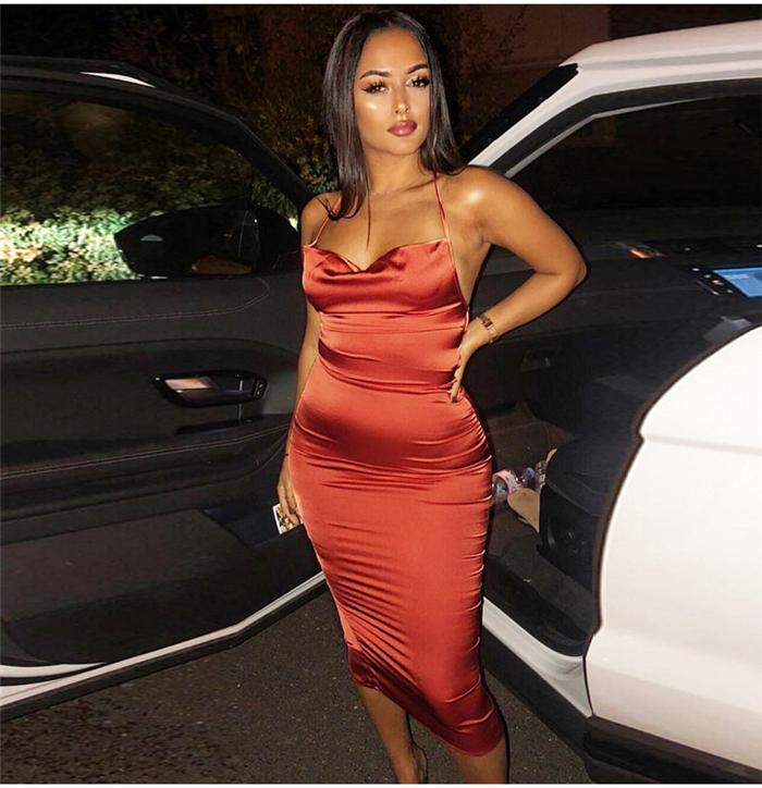 

Casual Dresses Wholesale Women Black Wine Red Yellow Pink Beige Satin Long Dress Party Evening Sexy Backless Lace Up Bodycon Midi