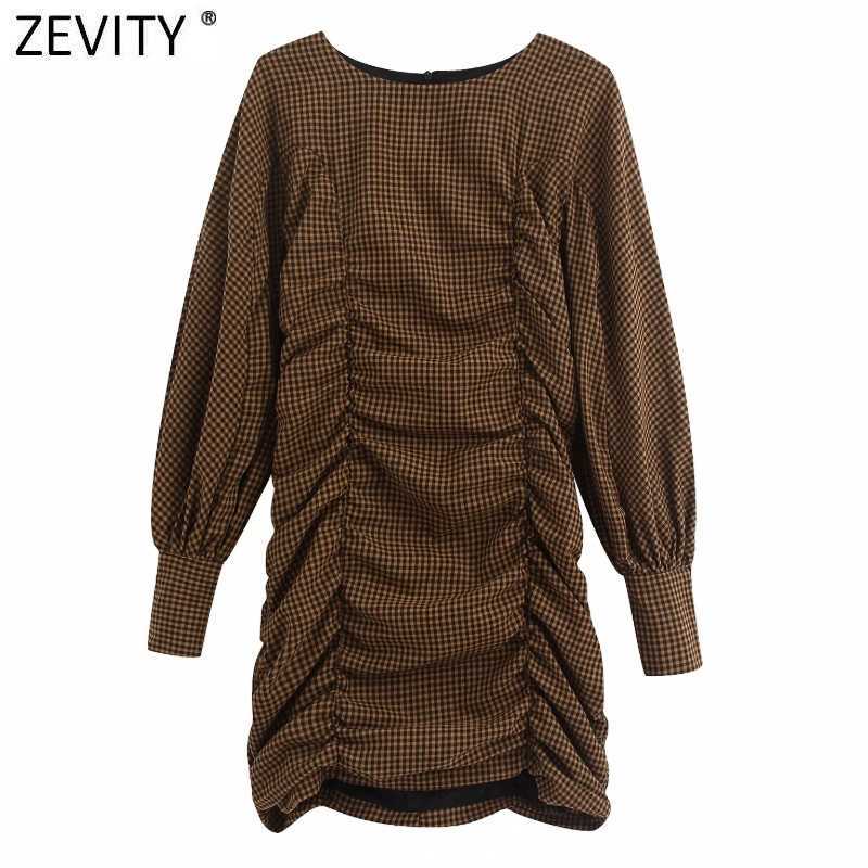 

Zevity Women Vintage Plaid Print Elastic Pleated Slim Mini Dress Female Court Lantern Sleeve Back Zipper Chic Vestido DS4869 210603, As pic ds4869bb