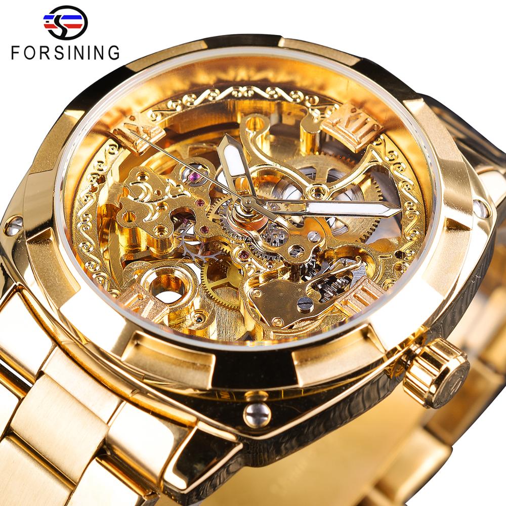 

Forsining Fashion Transparent Retro Mens Automatic Mechanical Watch Top Brand Luxury Full Golden Luminous Hands Skeleton Clockg, Gmt1091-2