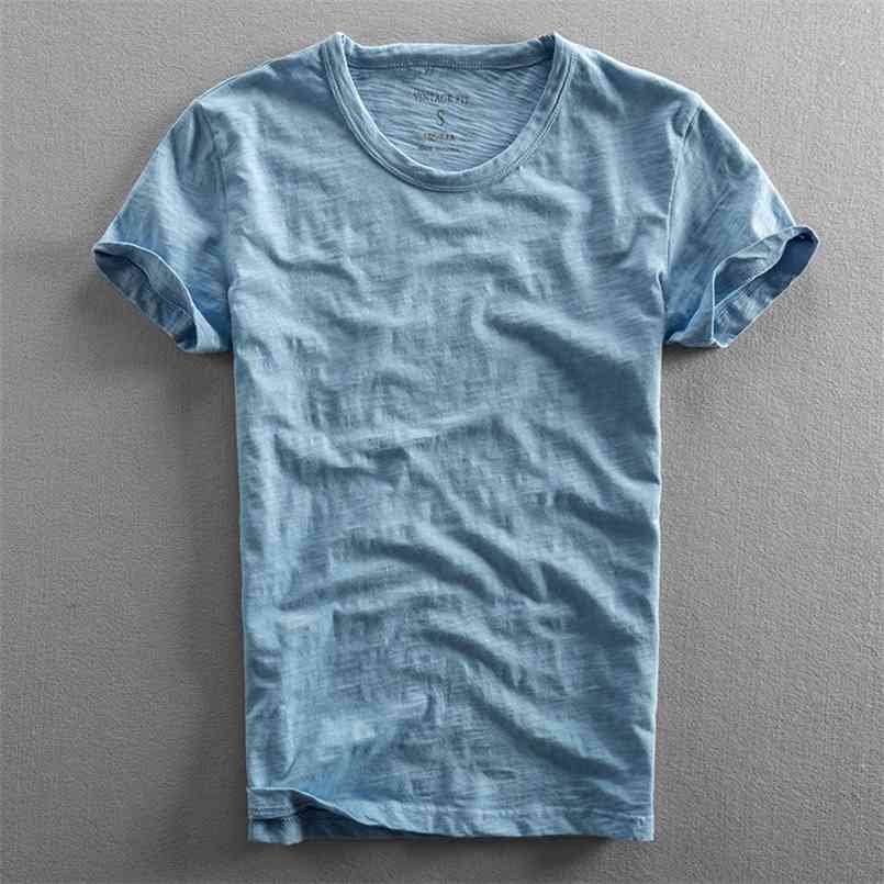 

3018 Men Summer Cotton Slim Fit Tees O-Neck Short Sleeve Solid Color Japan Harajuku Minimalism Classical Male Casual T-shirt 210707, 3018 green