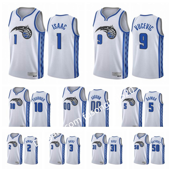 

2021 Jonathan Isaac Evan Fournier Nikola Vucevic Orlando Magic Men 2020 21 Earned Edition White #1 Basketball Jersey Swingman, Black;red
