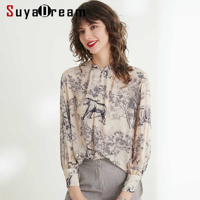 

Women Silk Blouse 100% REAL SILK CREPE Printed Blouses for Women Long Sleeved Stand Collar Blouse Shirt Office Lady Blouse 210603, Print