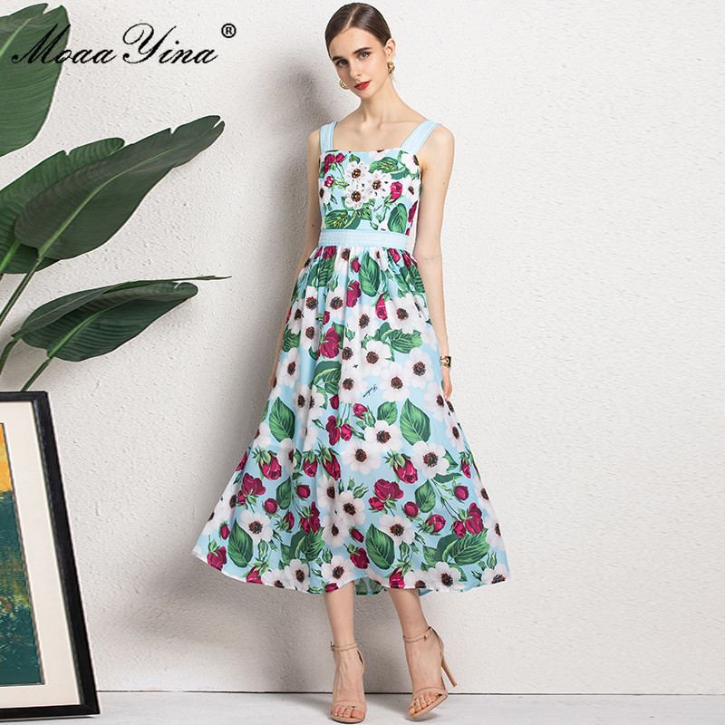 

Summer Bohemian Holiday Dress Women Spaghetti Strap Flower Print Runway Elegant Midi Vestidos 210524, Sky blue